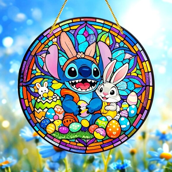 Suncatcher Disney Stitch Easter Bunny Eggs Hanging Window Decor Colorful In/Out - Picture 1 of 4